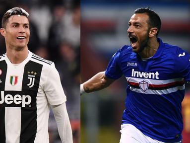 Tambahan satu gol Cristiano Ronaldo ke gawang Inter Milan belum mampu membawa CR7 ke posisi teratas pemuncak raihan gol di Serie A. Kini Ronaldo terpaut tiga gol dari pemuncak raihan gol saat ini, Fabio Quagliarella. (Kolase Foto AFP)