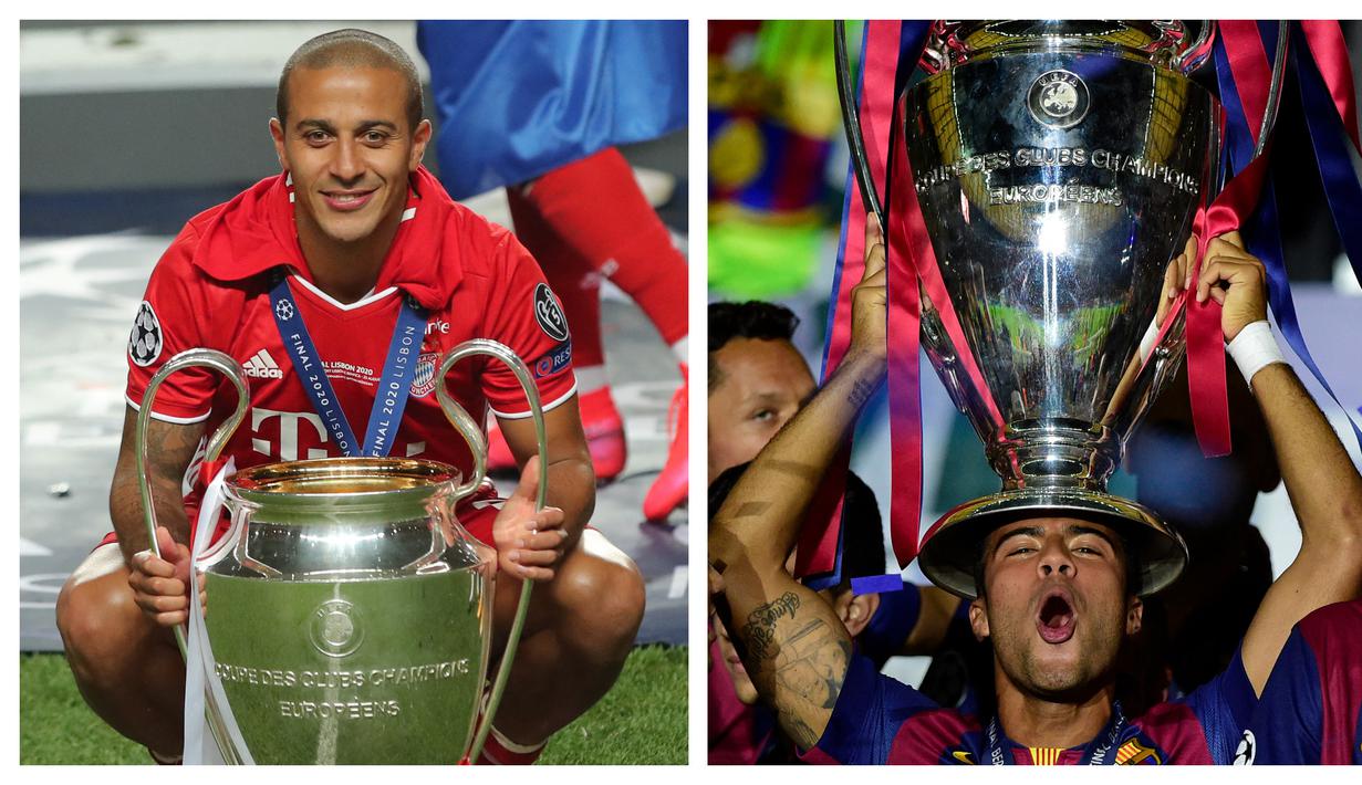 Thiago dan Rafael Alcantara. Sang kakak Thiago Alcantara (kiri) meraih trofi terlebih dahulu bersama Barcelona pada musim 2010/2011 dan bersama Bayern Munchen pada 2019/2020. Sementara Rafael Alcantara alias Rafinha meraihnya bersama Barcelona pada musim 2014/2015. (Kolase AFP)