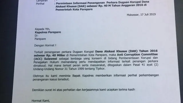 ACC Sulawesi surati Polres Pare-Pare meminta penjelasan perkembangan kasus dugaan suap proyek DAK senilai Rp 40 miliar di Kota Pare-Pare (Liputan6.com/ Eka Hakim)