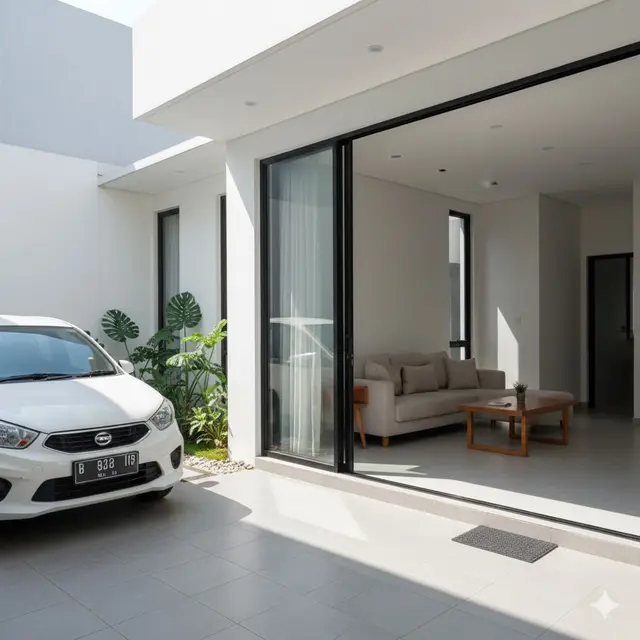 Teras Rumah Minimalis Menyatu Ruang Tamu dan Carport