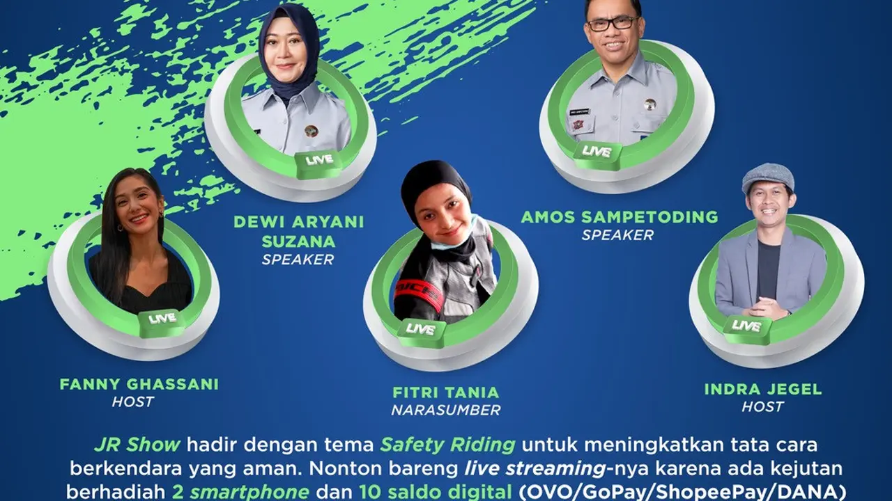 Program Safety Riding ini maka Jasa Raharja menggelar Program Talkshow JR Show Safety Riding di kanal YouTube yang akan ditayangkan pada hari Kamis, 30 Juni 2022, jam 19.00 s/d 20.00 WIB .