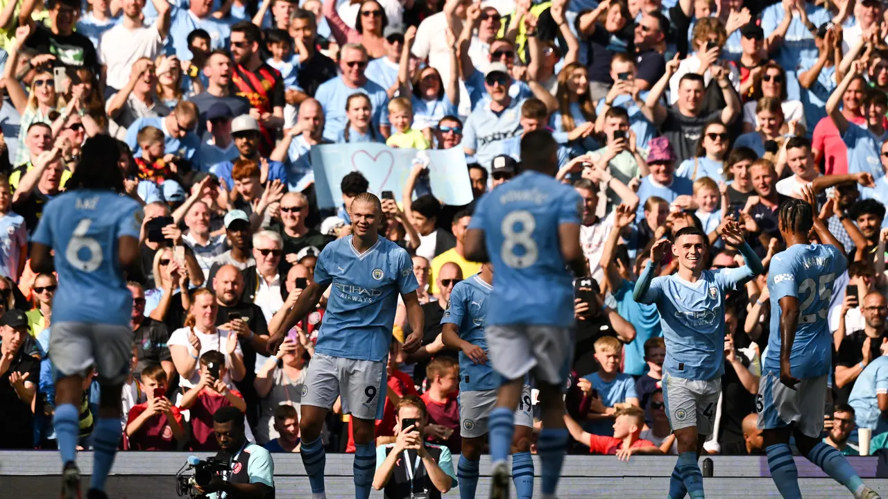 Selebrasi Erling Haaland saat Manchester City menghajar Fulham