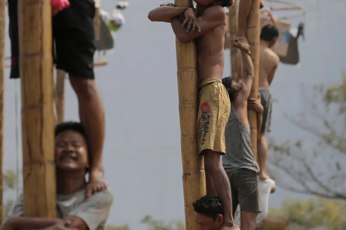 Berbagai Ekspresi Peserta Panjat Pinang Saat HUT ke-74 RI