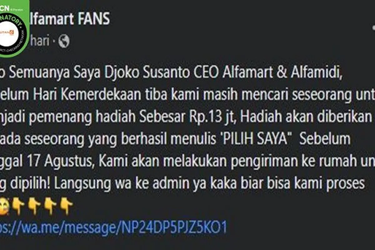 Gambar Tangkapan Layar Kabar Hoaks Alfamart dan Alfamidi Bagikan Uang Rp 13 Juta Rayakan HUT Kemerdekaan RI (sumber: Facebook).