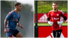 Foto kombo dari Antony (kiri) yang baru bergabung melakukan sesi latihan dengan pemain MU lainnya di Carrington. Hadir pula Martin Dubravka (kanan) yang dipinjam Setan Merah dari Newcastle. Berikut penampakan keduanya. (Twitter/@ManUtd)