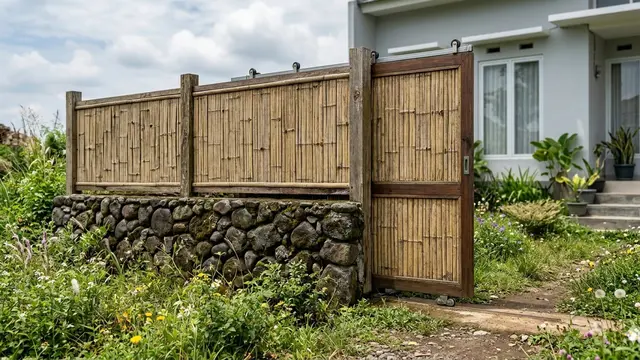 Model Pagar Rumah Rustic dari Bambu dan Batu Alam
