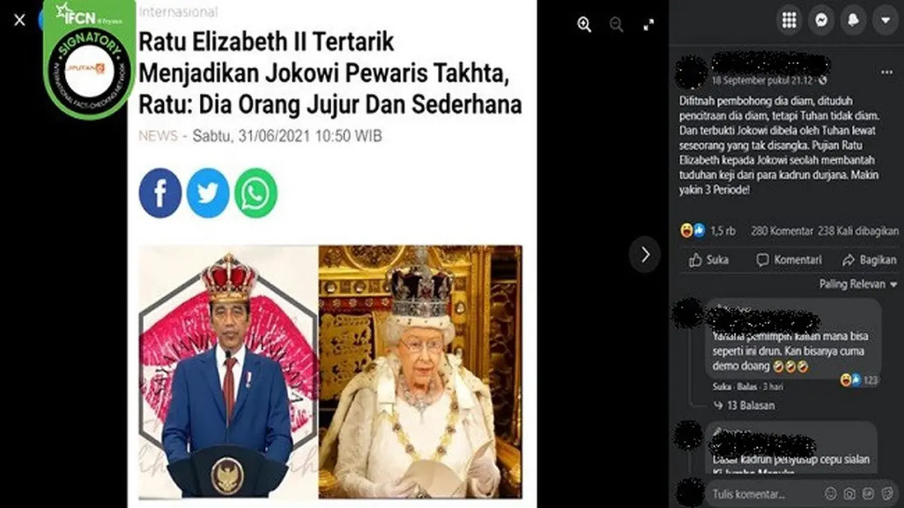 Gambar Tangkapan Layar Kabar Hoaks Ratu Elizabeth II Tertarik Jadikan Jokowi Perwaris Takhta Kerjaan Inggris (sumber: Facebook).