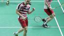 Ekspresi Kevin Sanjaya/Marcus Gideon saat kalahkan Mads Conrad/Mads Pieler pada perempat final Indonesia Open 2018 di Istora Senayan, Jakarta, (6/6/2018). Kevin/Marcus menang 20-22, 22-20, 21-18. (Bola.com/Nick Hanoatubun)