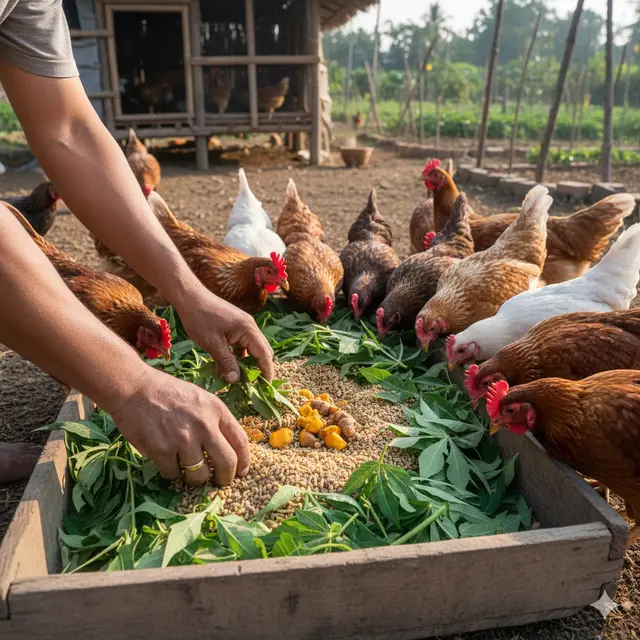 Cara Mengatur Pakan Ayam Rumahan (Foto: Gemini AI)