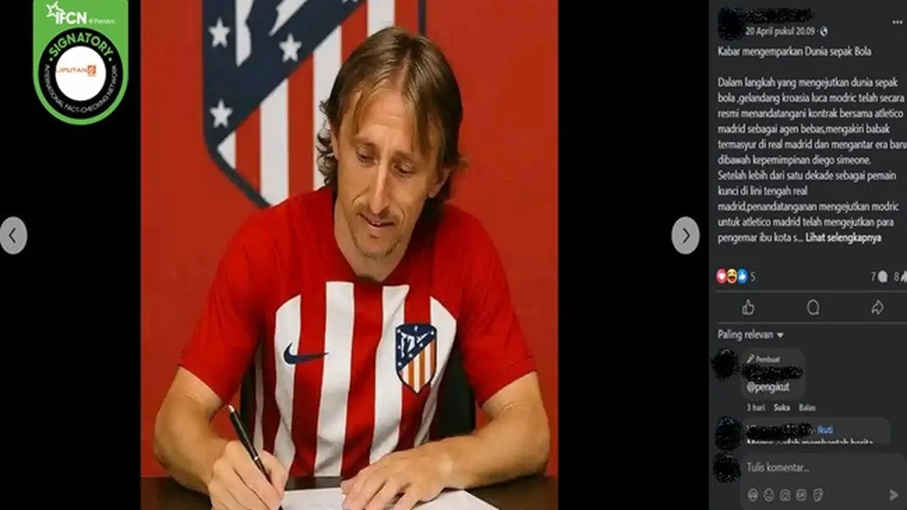 Gambar tangkapan layar foto yang diklaim gelandang asal Kroasia Luka Modric resmi pindah ke Atletico Madrid. (sumber: Facebook)