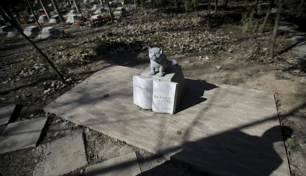 Makam dengan patung anjing di pemakaman hewan, Beijing , Cina (26/3). Memiliki hewan peliharaan kini telah menjadi simbol kesuksesan di Cina. (REUTERS / Jason Lee)