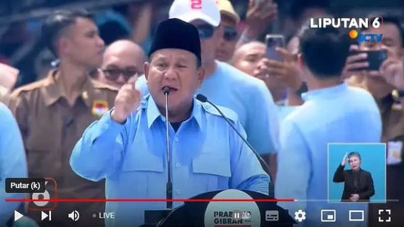 Calon presiden nomor urut 2, Prabowo Subianto Saat Kampanye Akbar di Stadion Utama Gelora Bung Karno (GBK), Senayan, Jakarta. (YouTube Liputan6)