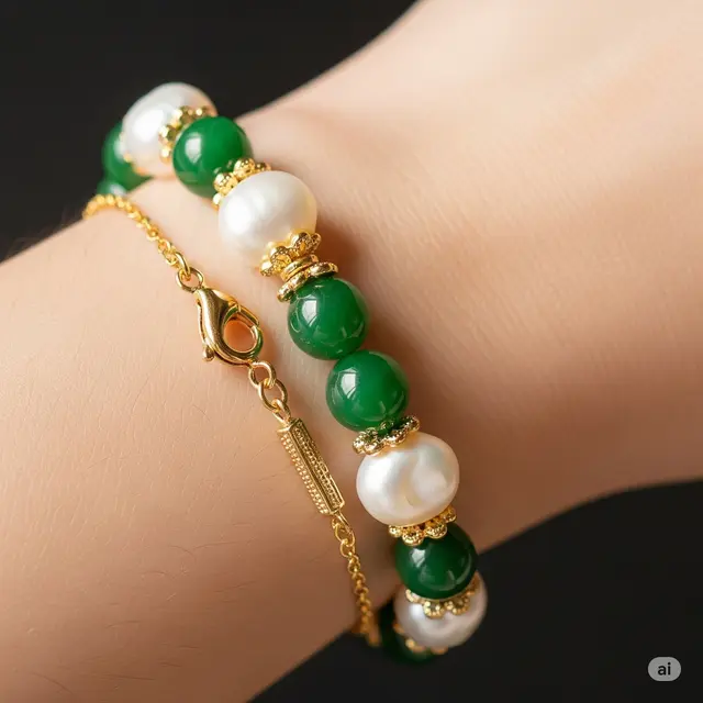 Gelang Giok Kombinasi Mutiara Air Tawar & Emas