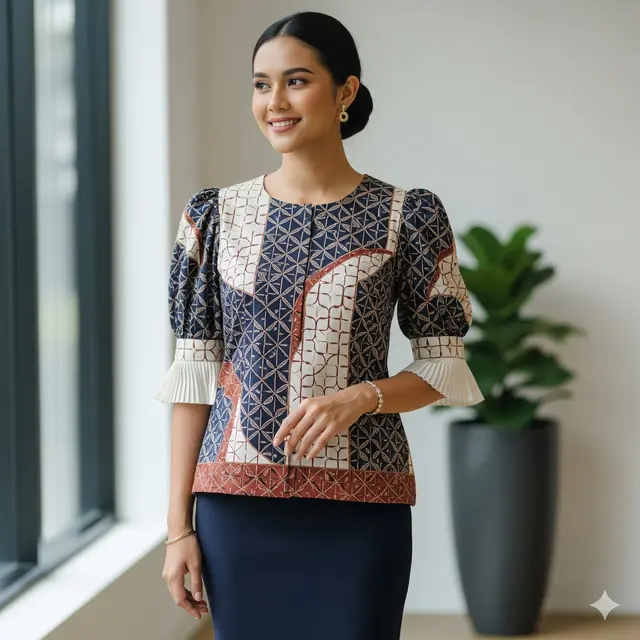 Setelan Batik Kantoran dengan Ruffle Lipit