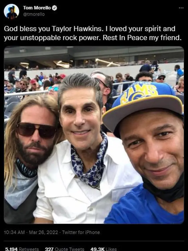 Unggahan Tom Morello atas kematian Taylor Hawkins. (Twitter/tmorello)