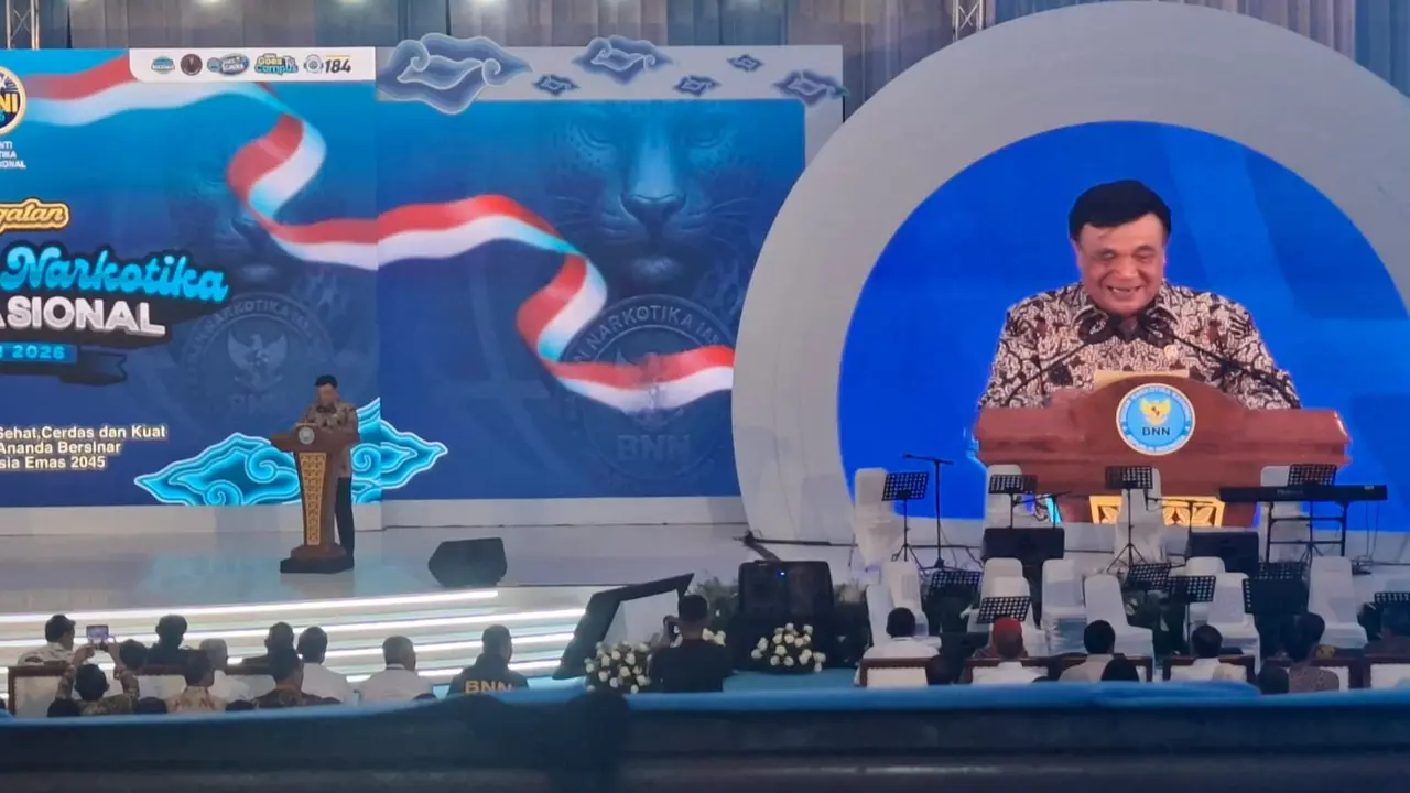 Menko Polkam Djamari Chaniago dalam peringatan Hari Anti Narkotika Internasional 2026 di Balai Besar Rehabilitasi BNN di Kawasan Lido, Bogor.