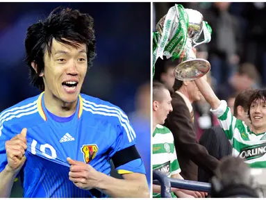 Foto kolase dari Legenda sepak bola Jepang Shunsuke Nakamura saat bersama Timnas Jepang (kiri) dan saat bersama klub yang membesarkan namanya, yaitu Glasgow Celtic. (AFP/Kazuhiro Nogi, Graham Stuart)