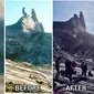 Foto yang memperlihatkan perubahan "Telinga Keledai" yang menjadi ikon Gunung Kinabalu, sebelum dan setelah gempa pada Jumat 5 Juni 2015.