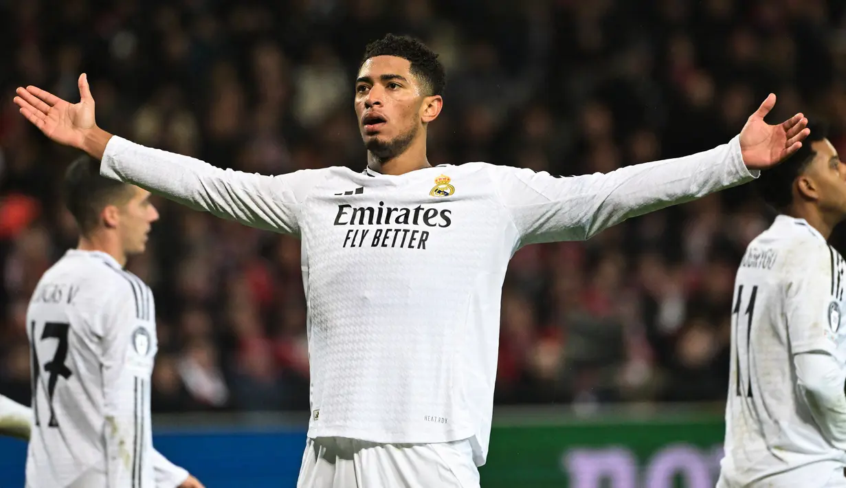 Pada menit ke-56, Jude Bellingham menambah keunggulan Real Madrid atas Brest. (Damien MEYER/AFP)