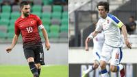 Gelandang Turki, Arda Turan (kiri), dan gelandang Republik Ceska, Tomas Rosicky. (AFP/Jure Makovec dan Philipp Guelland)