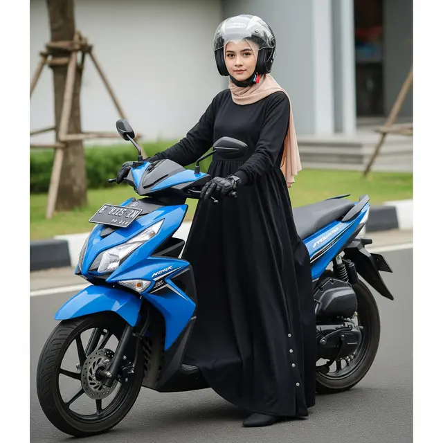 Model Gamis yang Tetap “Rapi & Adem” untuk Komuter Motor Setiap Hari (Image by Gemini AI)