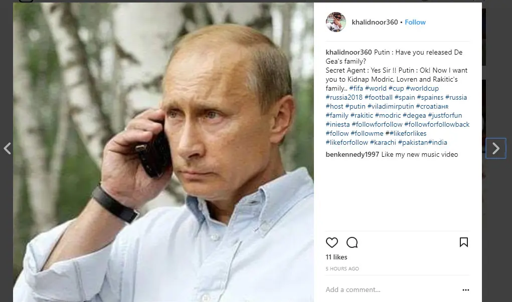 Presiden Rusia Vladimir Putin memerintahkan bawahannya untuk membebaskan keluarga penjaga gawang Spanyol David De Gea setelah Timnas Rusia memenangi adu pinalti (Foto: Instagram/ @khalidnoor360)