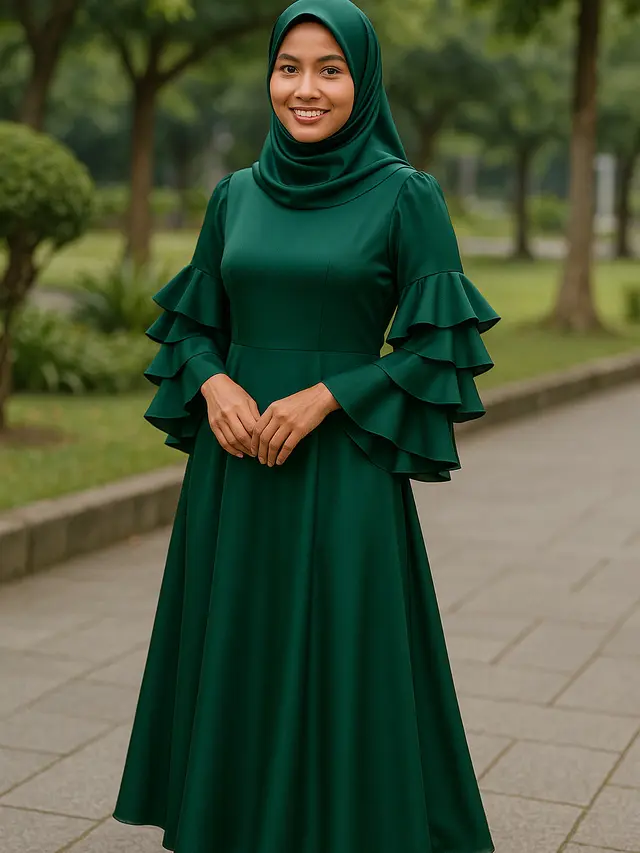 8 Inspirasi Long Dress Lengan Ruffle untuk Ibu-ibu, Bikin Tampilan Awet Muda dan Anggun