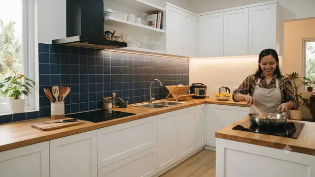 Warna backsplash yang cocok untuk dapur Scandinavian hadirkan suasana baru saat memasak model biru navt