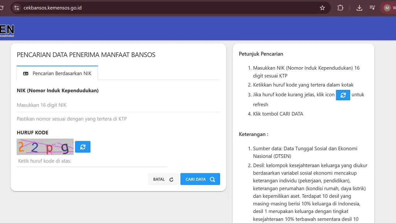 Tangkapan Layar Website Cek Bansos Kemensos/Foto: cekbansos.kemensos.go.id/