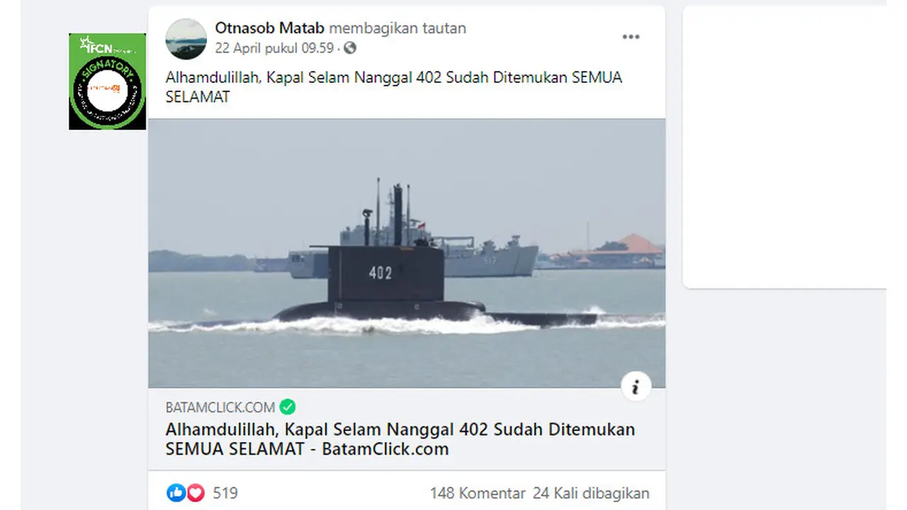 Cek Fakta Liputan6.com menelusuri klaim Kapal Selam Naggala 402 ditemukan semua selamat