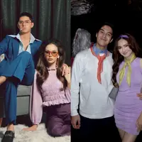 Al Ghazali dan Alyssa Daguise kompak berdandan ala Elvis &amp; Priscilla Presley untuk Halloween 2024. Al Ghazali tampil gagah dengan setelan jas warna biru-nya, sedangkan Alyssa Daguise tampil serba ungu dengan perpaduan pleated top dan celana satin. [@alghazali7].