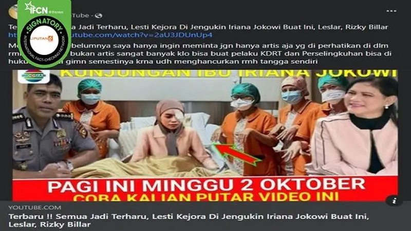 Gambar Tangkapan Layar Kabar tentang Ibu Negara Iriana Jokowi Menjenguk Pedangdut Lesti Kejora (sumber: Facebook).