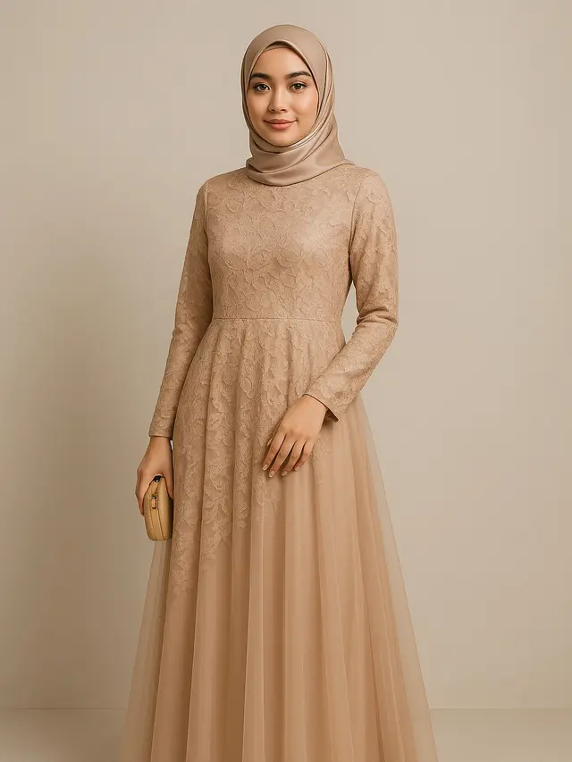 7 Gamis Brokat Warna Nude yang Sedang Tren di 2025,Tampilan Elegan dan Memukau