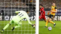 Pemain Liverpool Mohamed Salah (tengah) melepaskan tembakan melebar dari kiper Wolverhampton Wanderers Rui Patricio (kiri) pada pertandingan Liga Inggris di Stadion Molineux, Wolverhampton, Inggris, Senin (15/3/2021). Liverpool menang 1-0. (AP Photo/Jason Cairnduff,Pool)