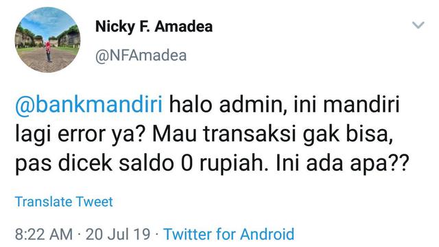 Akun Twitter nasabah Bank Mandiri keluhkan perubahan saldo secara drastis.