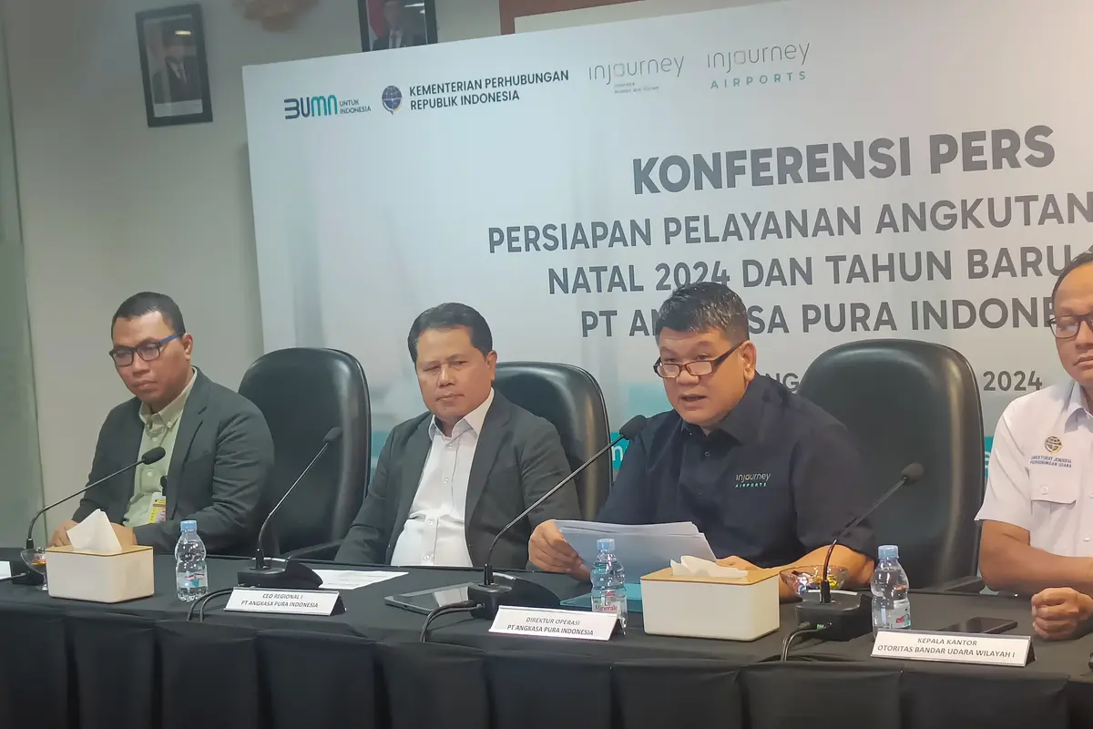 Konferensi Pers Persiapan Nataru 2024/2025 di Gedung Injourney Airports di Bandara Soetta, Tangerang, Selasa (17/12/2024). (Foto: Tim Bisnis)