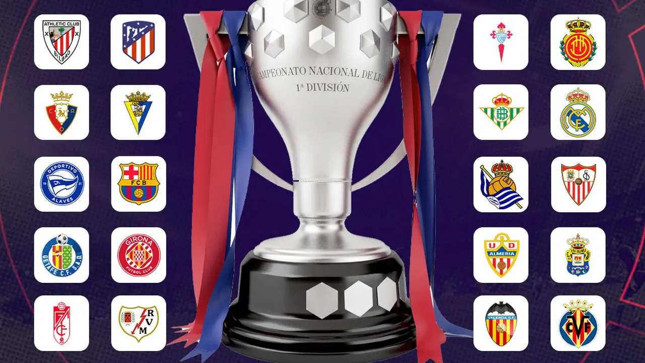 La Liga - Ilustrasi Trofi La Liga dengan Logo Klub Musim 2023-2024