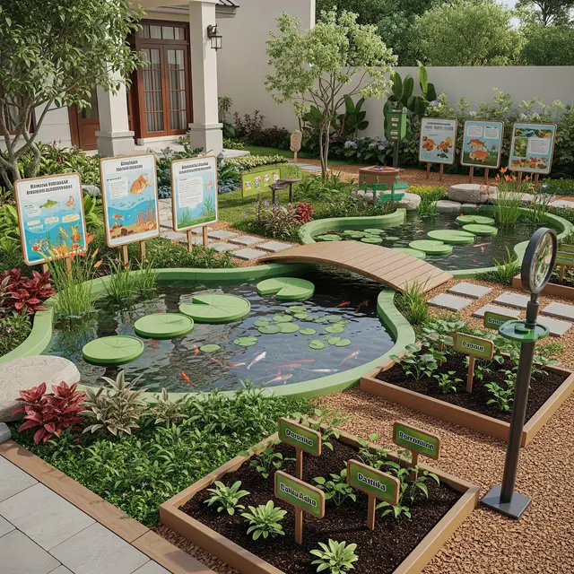 Taman Depan Rumah dengan Kolam Ikan Ramah Anak (Gemini AI)