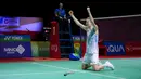 Pebulutangkis tunggal putra Denmark, Anders Antonsen merayakan kemenangan pada laga final Indonesia Masters 2024 melawan pebulutangkis Kanada, Brian Yang di Istora Senayan, Jakarta, Minggu (28/01/2024). (Bola.com/Bagaskara Lazuardi)