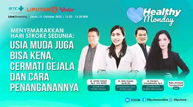 Live Streaming Healthy Monday  |  31 Oktober 2022  |  Pukul: 15.30 WIB   |  Tema Hari Stroke Sedunia: Usia Muda Juga Bisa Kena, Cermati Gejala dan Cara Penanganannya  |  Host: Ratu Suryasumirat

Narasumber:
1. Adv. dr. Johan Akbari, Sp.S., S.H, MA...