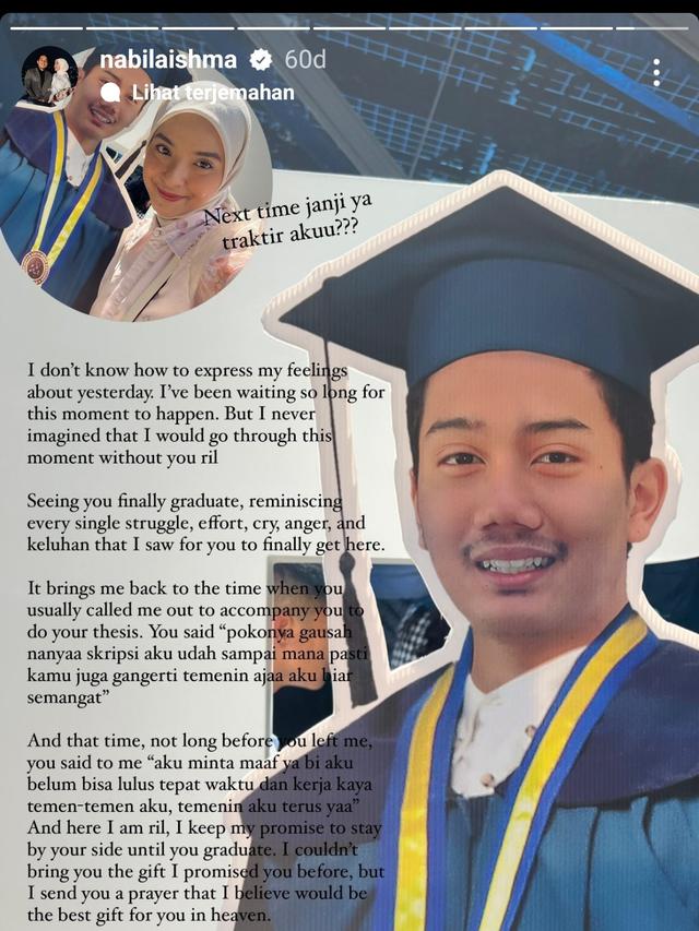 Penuhi Janji, Nabila Ishma Hadir Jadi Pendamping di Wisuda Mendiang Eril Anak Ridwan Kamil. (instagram.com/nabilaishma)