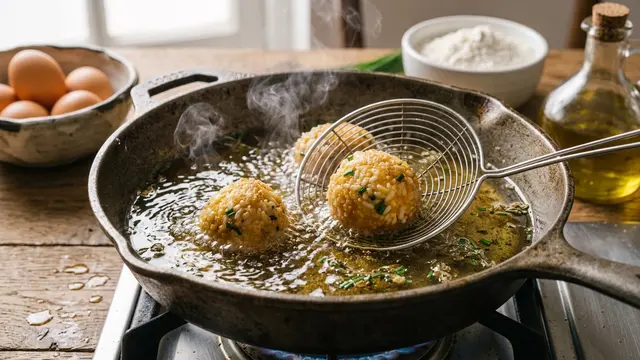 Ilustrasi resep nasi kepal goreng isi telur