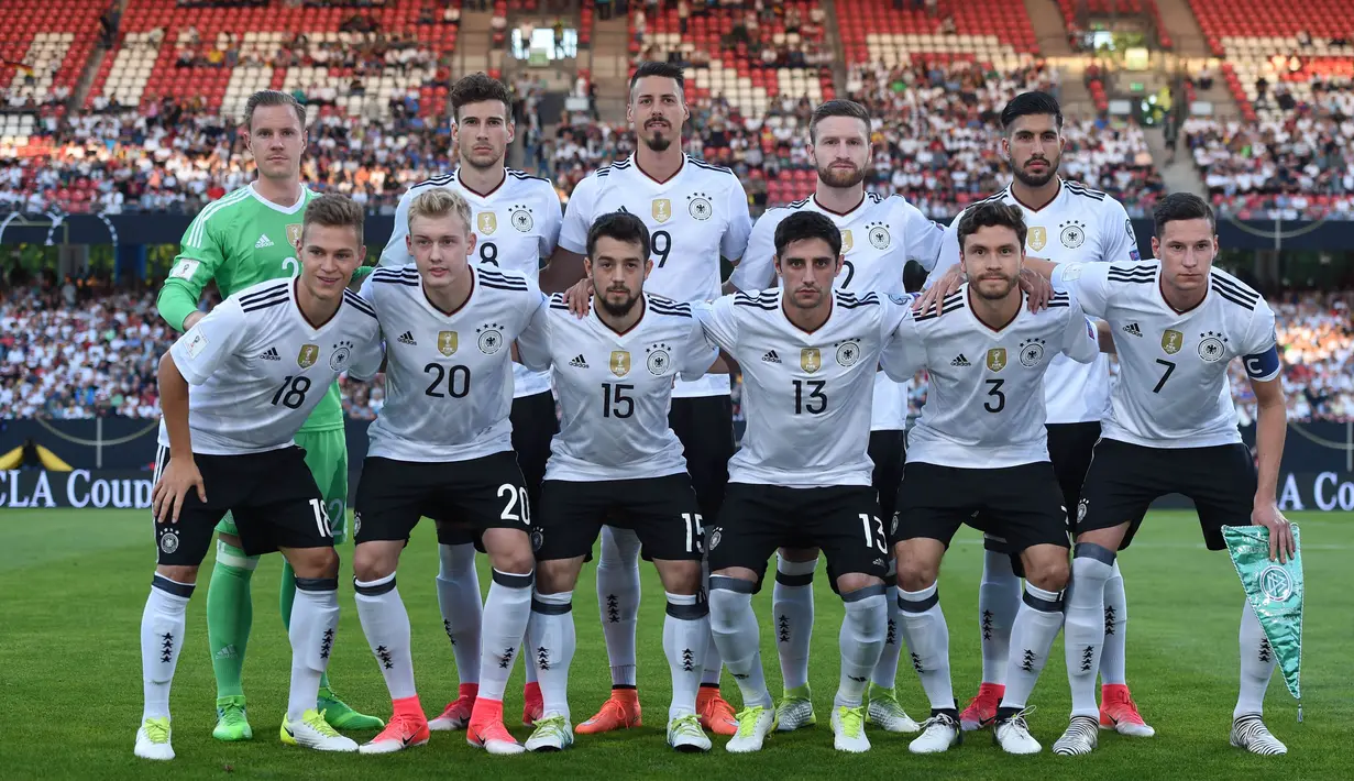 Timnas Jerman meduduki peringkat pertama rangking FIFA dengan meraih 1606 poin. Naiknya peringkat jerman tersebut berhubungan dengan performa selama kualifikasi Piala Dunia 2018. (AFP/Christof Stache)