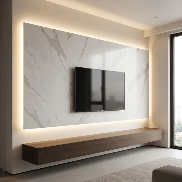 Rak TV dengan Backdrop Kayu dan Hidden Lighting
