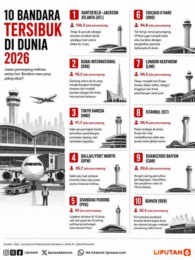Infografis: 10 Bandara Tersibuk di Dunia 2026