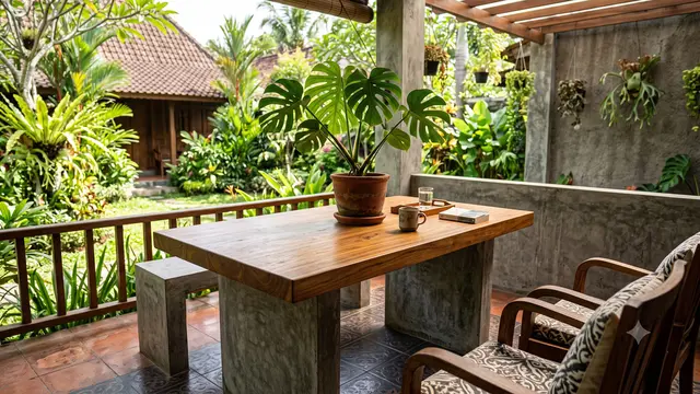 Ide Teras Rumah dengan Meja Semen dan Tanaman Monstera