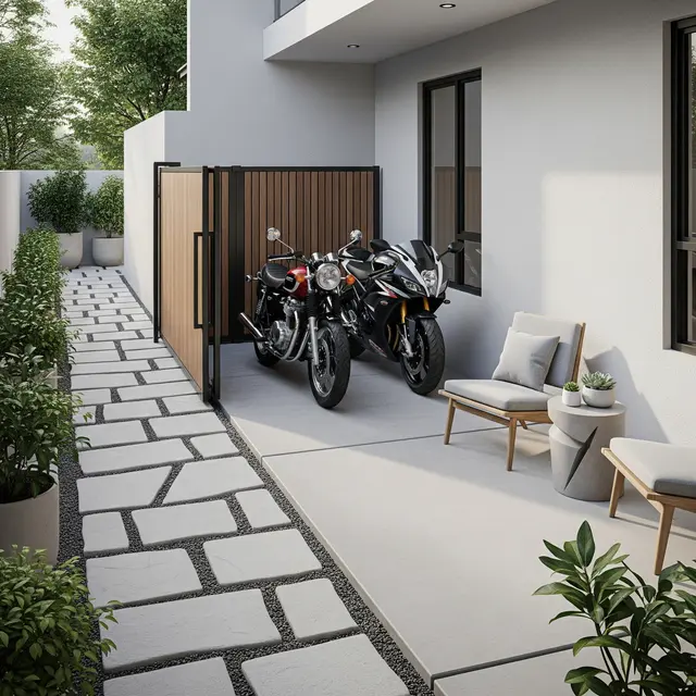 Desain Teras Rumah untuk Dua Motor dan Tempat Duduk Santai Sekaligus (Image by Gemini AI)