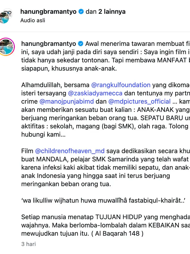 Unggahan Hanung Bramantyo. (Foto: Dok. Instagram @hanungbramantyo)