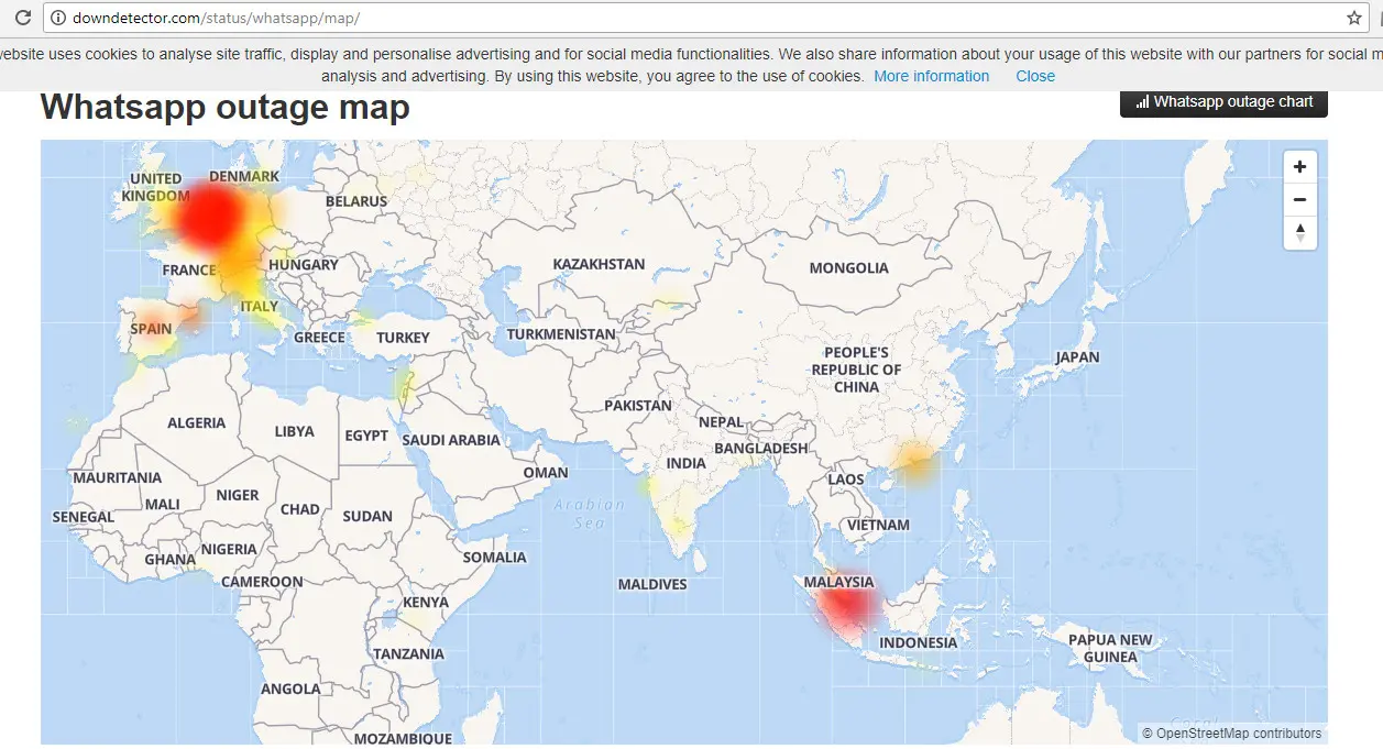 Peta tumbangnya layanan WhatsApp di sejumlah negara menurut laman Down Detector (Sumber: Down Detector).