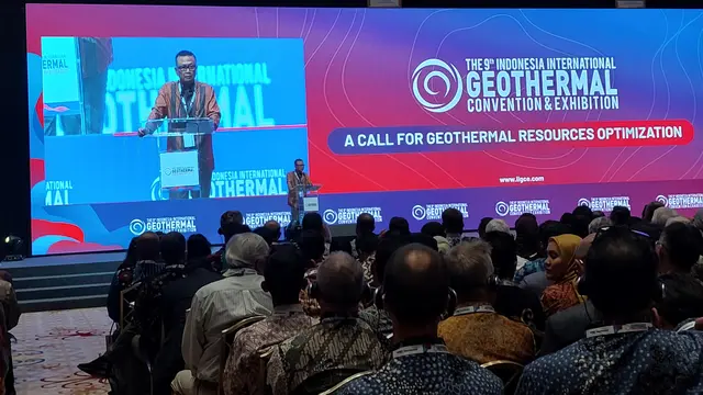Ketua Asosiasi Panas Bumi Indonesia (API) Prijandaru Effendi dalam The 9th Indonesia International Geothermal Covention & Exhibition di JCC Senayan, Jakarta, Rabu (20/9/2023).